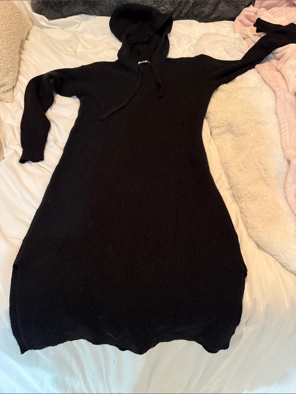 Black Hooded Rib-Knit Long Sleeve Dress